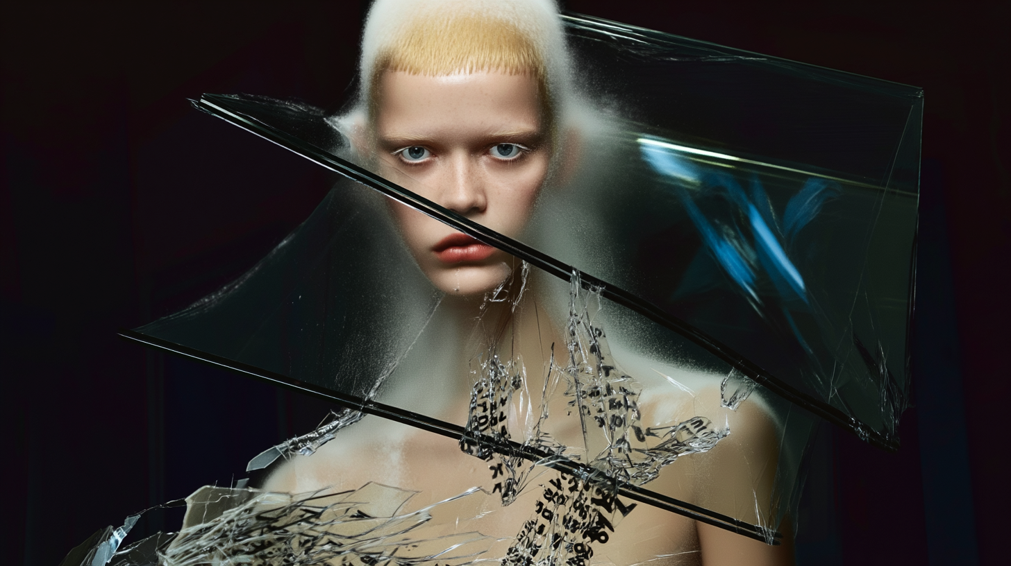 Androgynous portrait seen through fractured glass, suggesting beauty, ambiguity, and the violence of classification.