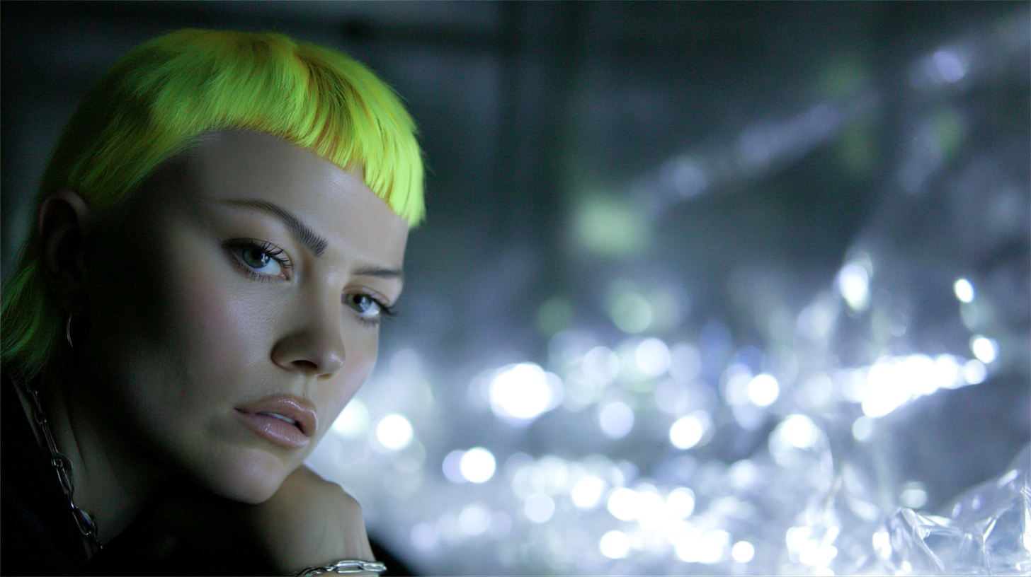 AI-generated portrait of Maria Lankina with neon yellow fringe, cool light, reflective bokeh background, contemplative gaze