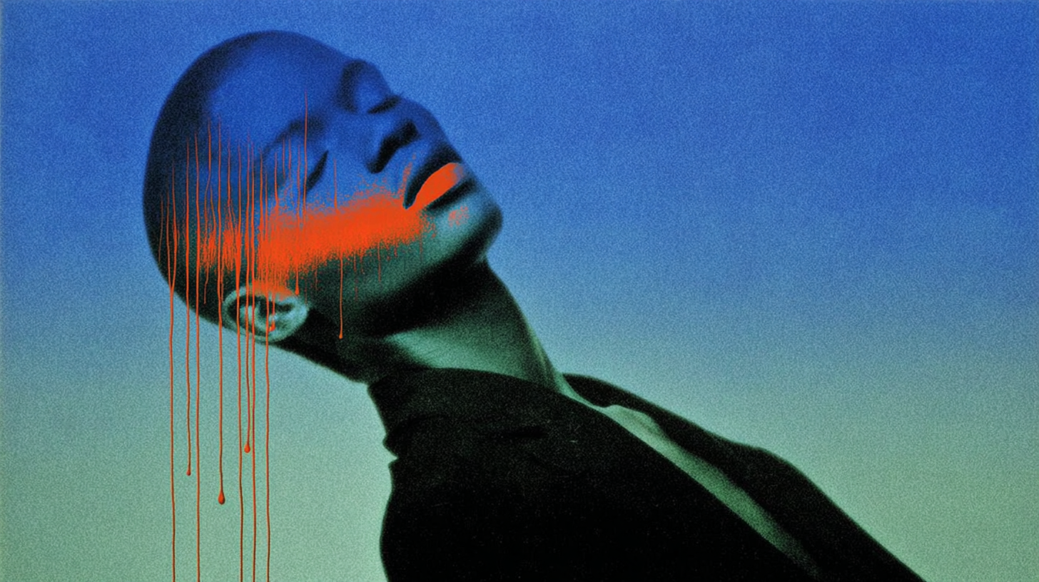 AI-generated conceptual portrait of a person painted in red pigment dripping across blue skin — symbolic study of authorship, power, and transformation, created by artist Maria Lankina.