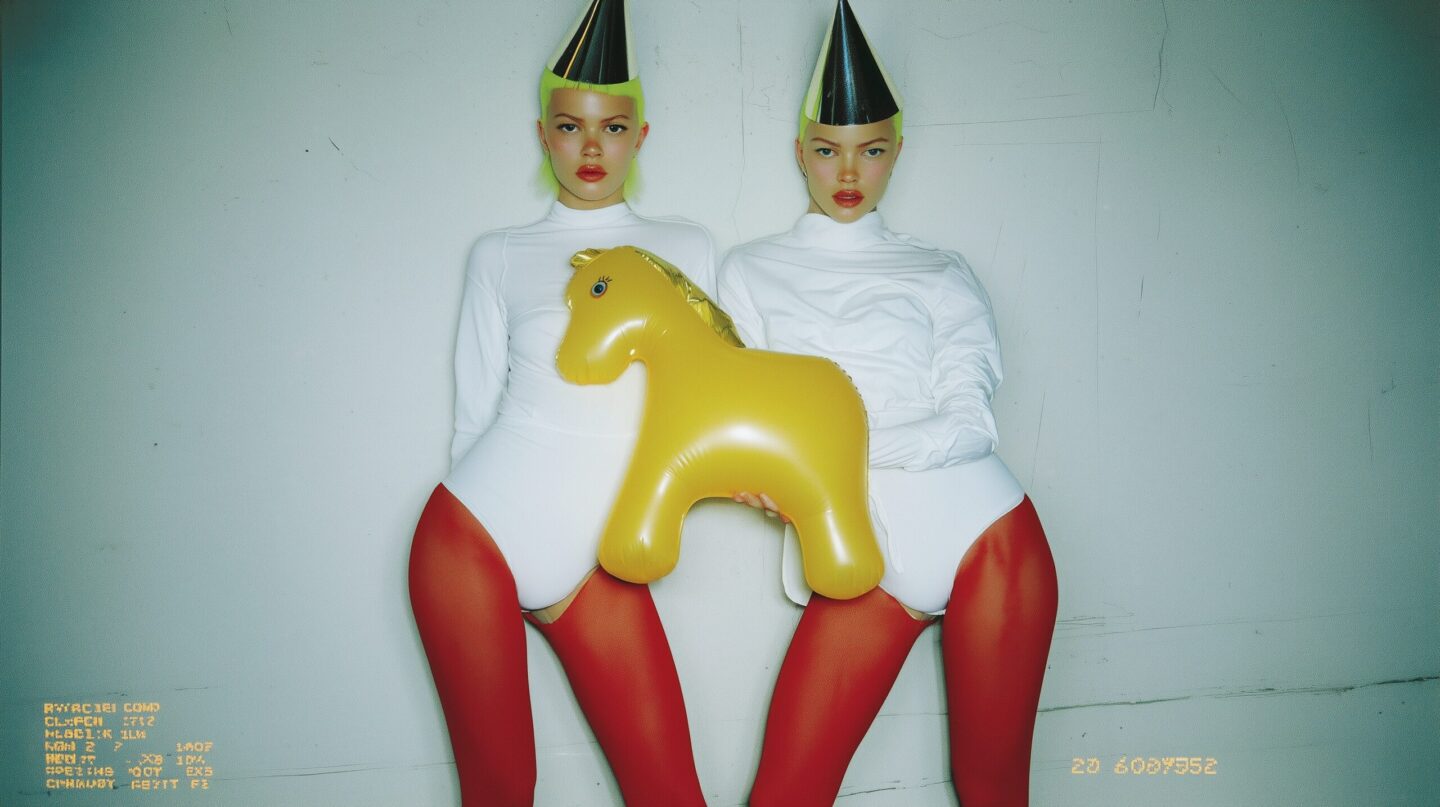 Two AI-generated female avatars in white tops and red tights pose against a pale wall, holding a yellow inflatable horse.