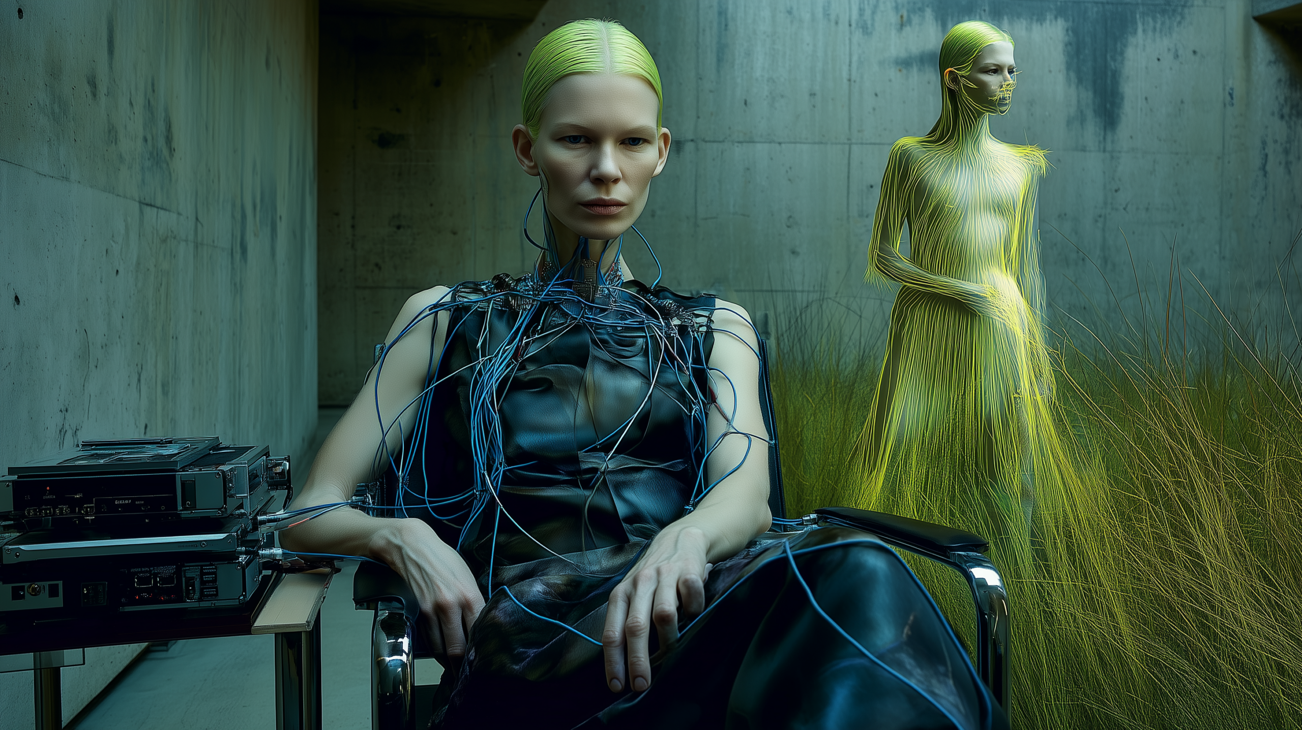 Futuristic female figure with neon yellow hair connected by wires, seated in a controlled environment with a secondary luminous version of herself in the background