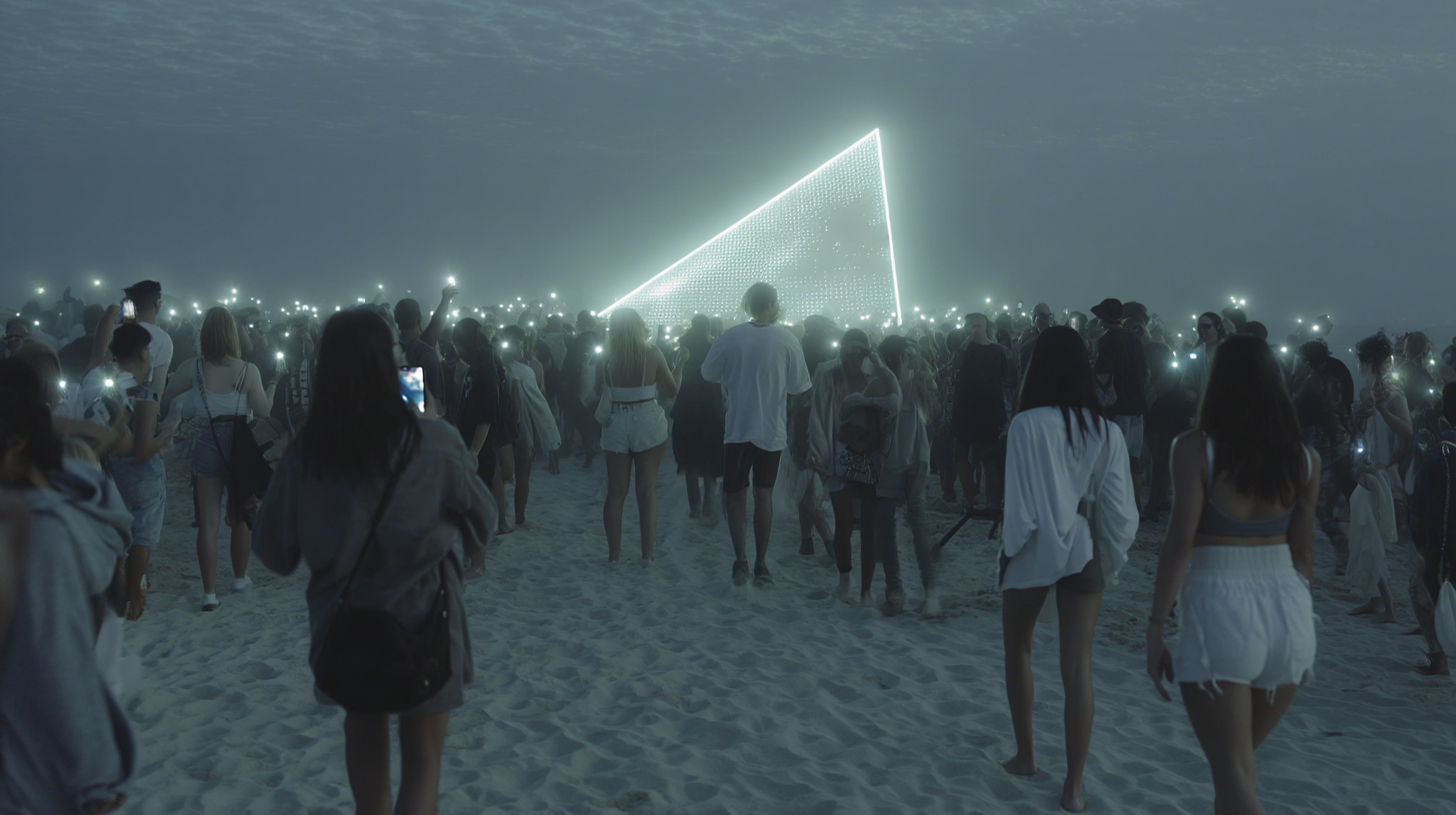 A glowing triangular installation on a beach at dusk surrounded by a dense crowd holding up lit phones.